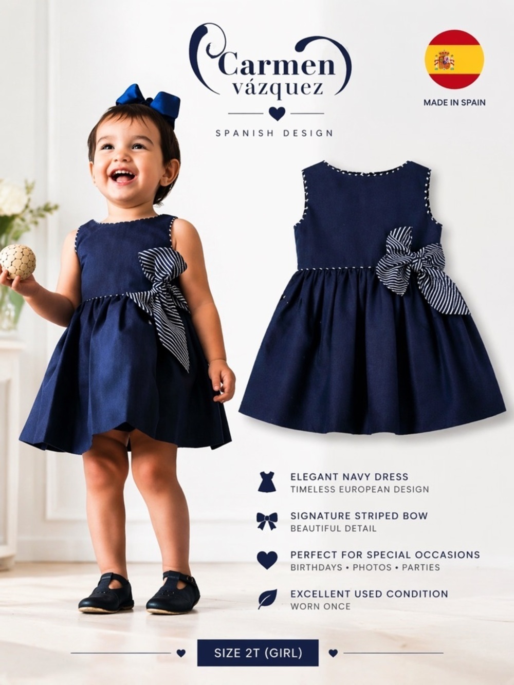 Carmen Vazquez Navy Blue Bow Dress Toddler Girl 2T Spanish Designer